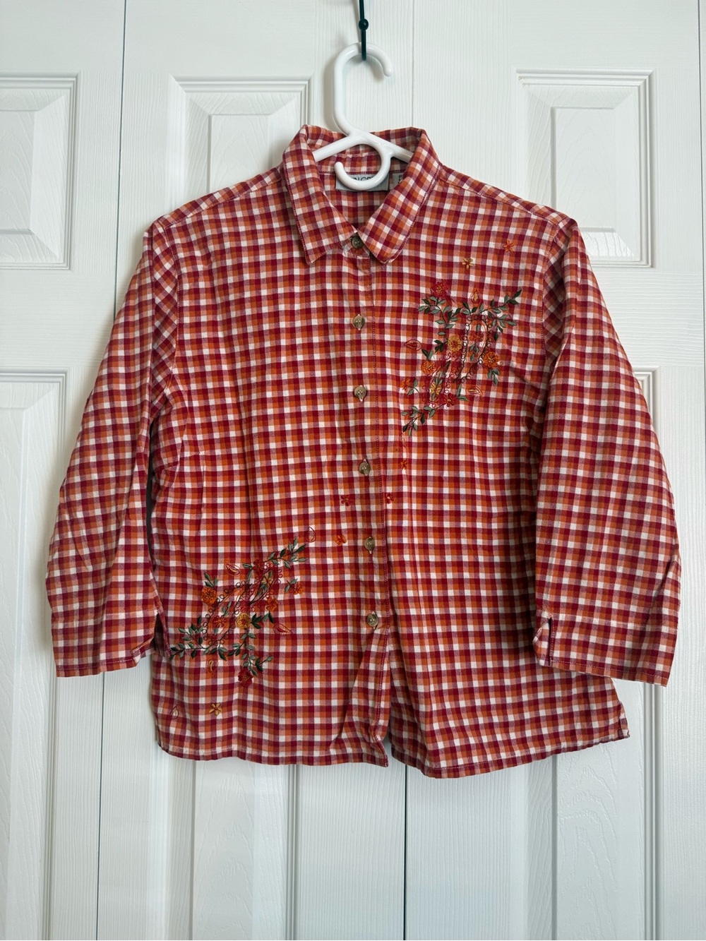 Vintage Cabin Creek Embroidered Gingham Plaid Button Up Shirt 3/4 Sleeve medium